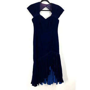 Vintage Patra Blue Velvet Dress Flare Bodycon Ruffle Hem Lined Women's Medium